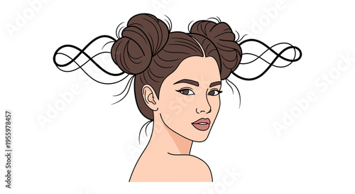 Young Woman with Double Space Buns and Decorative Swirls