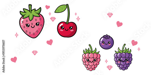 Cute cartoon fruits with smiling faces.