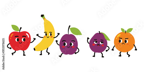 Cartoon fruits with smiling faces.