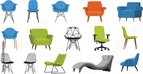 Vector illustration of assorted chair designs including modern, minimalist, and traditional styles with wood, metal, plastic, and upholstered seating for furniture themes