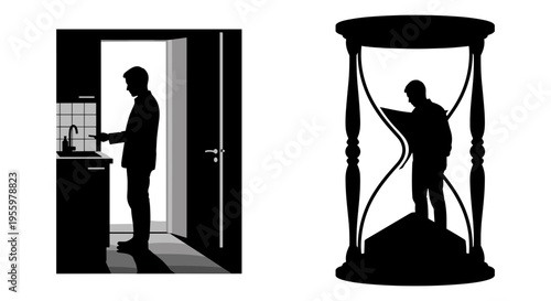 A man trapped between time and a doorway in an hourglass illusion Vector, illustration