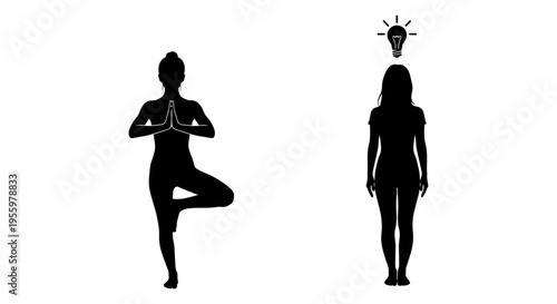 Contrast between yoga tree pose and standing meditation with lightbulb head Vector, illustration