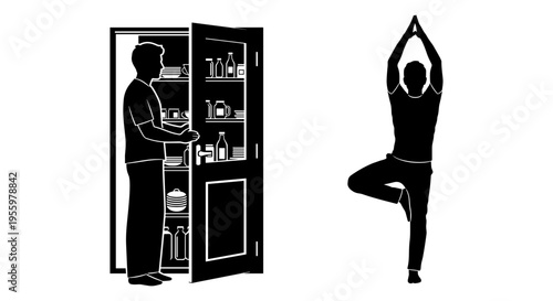 A person opening a fridge and another performing a yoga pose for healthy living. Vector, illustration