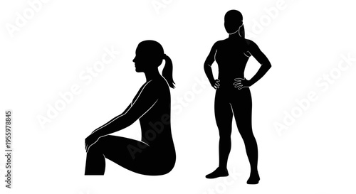 Contrast of crouching and standing human silhouettes in black Vector, illustration