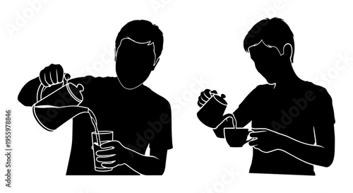 Two individuals demonstrating the proper way to hold and use a baseball glove and bat. Vector, illustration
