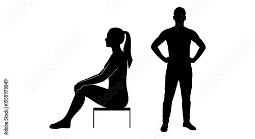 A person sitting on a stool while another person stands beside them with hands on hips Vector, illustration