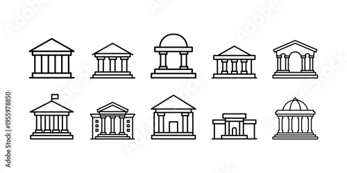 Bank Building Line Icon Set