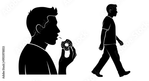 A person brushing teeth while another walks away in silhouette contrast Vector, illustration