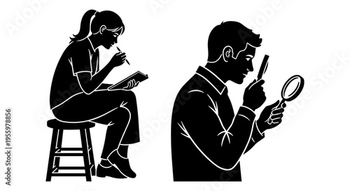 Curious detective examines a note while companion reads quietly Vector, illustration