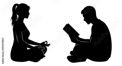 A quiet moment of shared reading between two individuals sitting cross-legged. Vector, illustration
