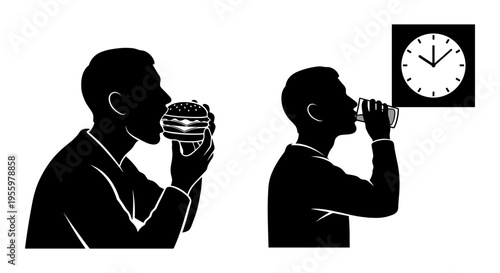 Two men checking time and drinking from a cup in contrasting manners. Vector, illustration
