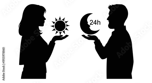 Two figures illustrating the concept of a full day cycle with sun and moon symbols. Vector, illustration
