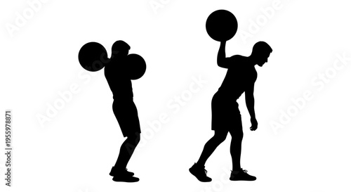 Two silhouettes demonstrating different weightlifting techniques with heavy medicine balls Vector, illustration