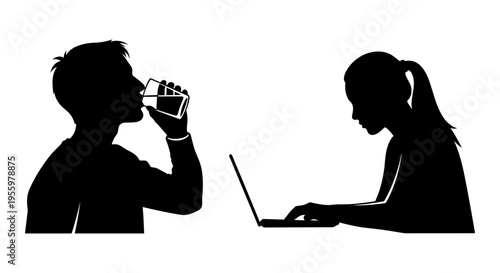 Two individuals engaged in different activities during a shared break time. Vector, illustration