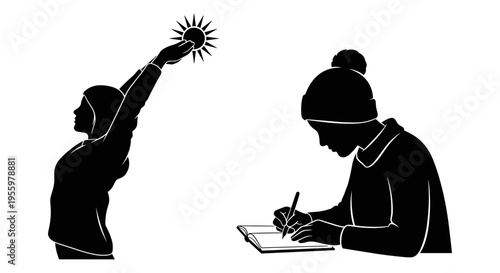 A young child reaching up to touch a decorative star while an adult writes nearby. Vector, illustration