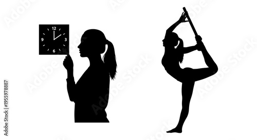 Contrast between checking time and practicing yoga for mindfulness and relaxation. Vector, illustration