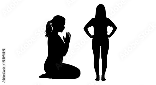 Contrast between kneeling and standing poses of two human silhouettes Vector, illustration