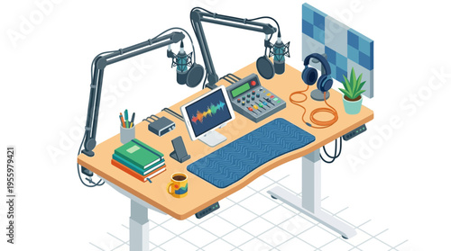 Isometric flat vector illustration of a modern podcasting studio workspace on an adjustable desk with audio recording gear.
