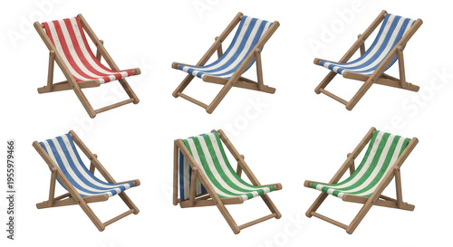 colorful striped deck chairs arranged on a white backdrop ready for relaxation in a tropical vacation or beach setting