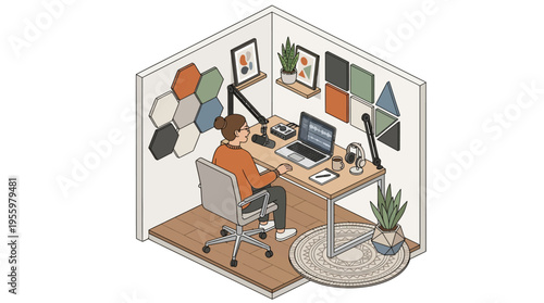 Isometric illustration of a woman creating a podcast or recording audio content in her modern home studio workspace