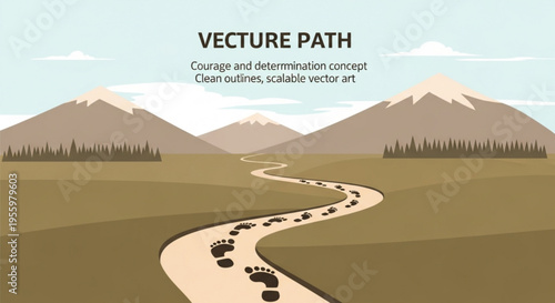 Winding dirt path with footprints leading to mountains courage and determination concept