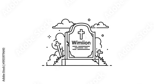Tombstone with Cross and Clouds, Gravestone Icon, Cemetery Symbol, Death and Mourning Concept