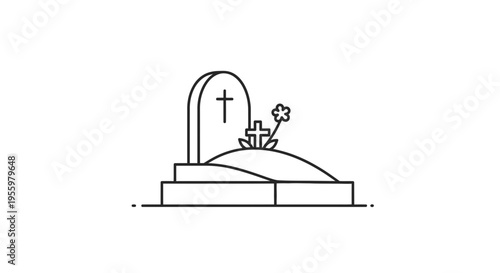 Tombstone with Cross and Flower Icon: Funeral, Memorial, Cemetery, Grief, Death, RIP