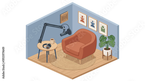Isometric illustration of a modern podcast studio corner. Recording equipment, armchair, and plant for audio content creation at home.