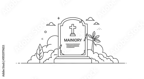 Tombstone with Cross and Clouds, Minimalist Line Art Funeral Memorial Icon
