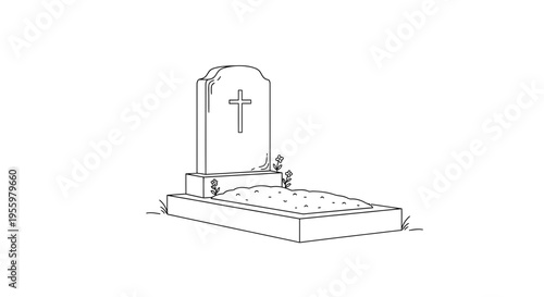 Tombstone with Cross and Grave in Sketch Style
