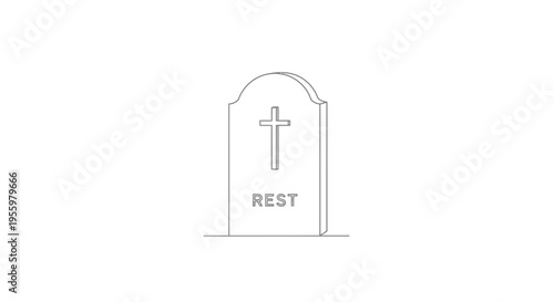 Tombstone with Cross and "REST" inscription, Minimalist Line Art