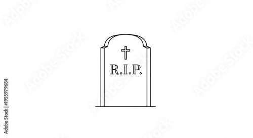 Tombstone with RIP inscription and cross, simple line art, funeral, memorial, cemetery symbol