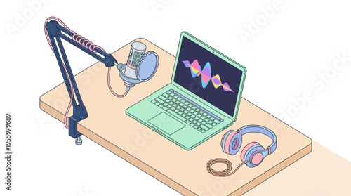 Minimal isometric flat illustration of a modern audio recording setup with a microphone, laptop, and headphones.