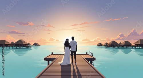 Romantic couple on a dock at sunset overlooking ocean with tropical huts