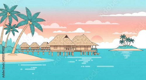 Tropical island resort with thatched huts on stilts over turquoise water at sunset