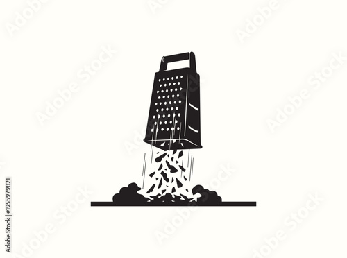 Solid black box grater silhouette with rapidly falling cheese shards on white