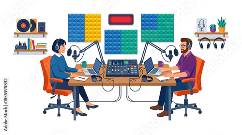 Podcast studio scene: Man and woman recording live episode. Professional hosts broadcasting with microphones, laptops, and audio mixing console.