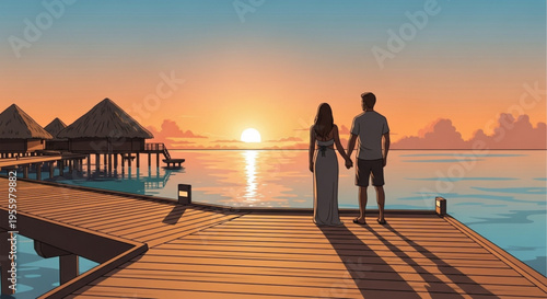 Couple on wooden dock watching tropical island sunset with huts warm colors serene atmosphere romantic getaway travel vacation relaxation
