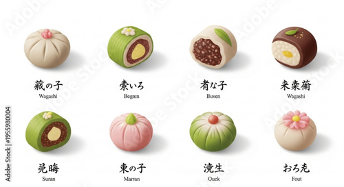 Assorted japanese wagashi sweets with various fillings and decorations on a white background