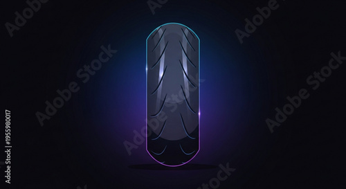 Glowing black tire with purple neon light on dark background futuristic wheel with radiant effect