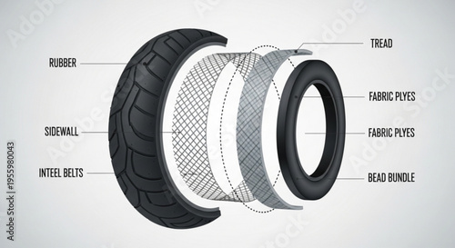 Cutaway view of tire layers showing rubber sidewall steel belts tread fabric plies and bead bundle