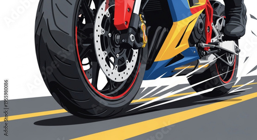 Motorcycle wheel speeding on road with yellow lines dynamic motion blur vibrant colors
