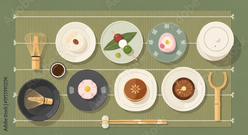 Variety of asian dishes on plates with utensils and ingredients on a bamboo mat