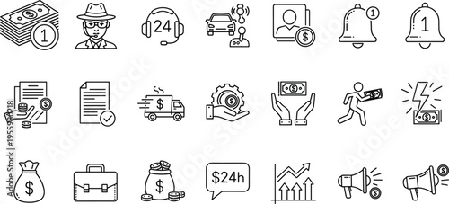 Business finance line icons set money support service marketing banking investment growth outline collection