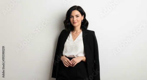 A smiling young professional woman wearing business attire standing against a wall.