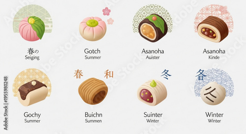 Variety of traditional japanese mochi and wagashi sweets for different seasons