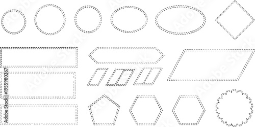 Collection of Stitched Geometric Shapes and Frames Featuring Dotted Line Borders Circles Rectangles and Decorative Embroidery Outlines for Crafty Design Projects