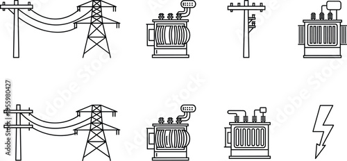 Electric power grid vector icon set, high voltage transmission towers, electricity utility poles, transformer station symbols, lightning bolt energy, industrial infrastructure.