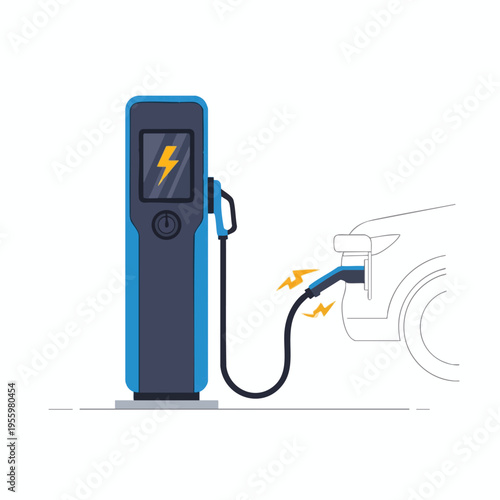 Electric car charger connected to a car, showing power flow with lightning bolts