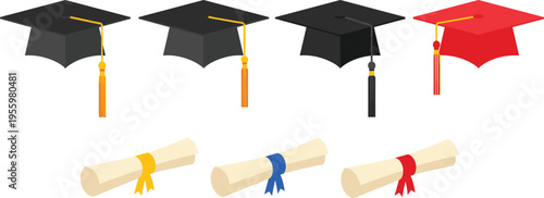 Graduation Cap and Diploma Collection Featuring Mortarboards with Tassels and Rolled Degree Scrolls for University Commencement and Academic Success Celebrations